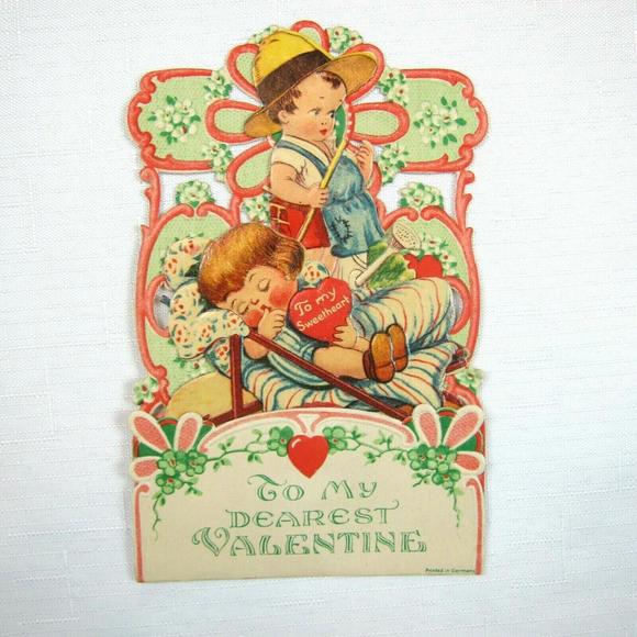Vintage Valentine Pop Up 3D Die Cut Honeycomb Girl Boy Gardener Germany 1920-30s - Picture 4 of 12